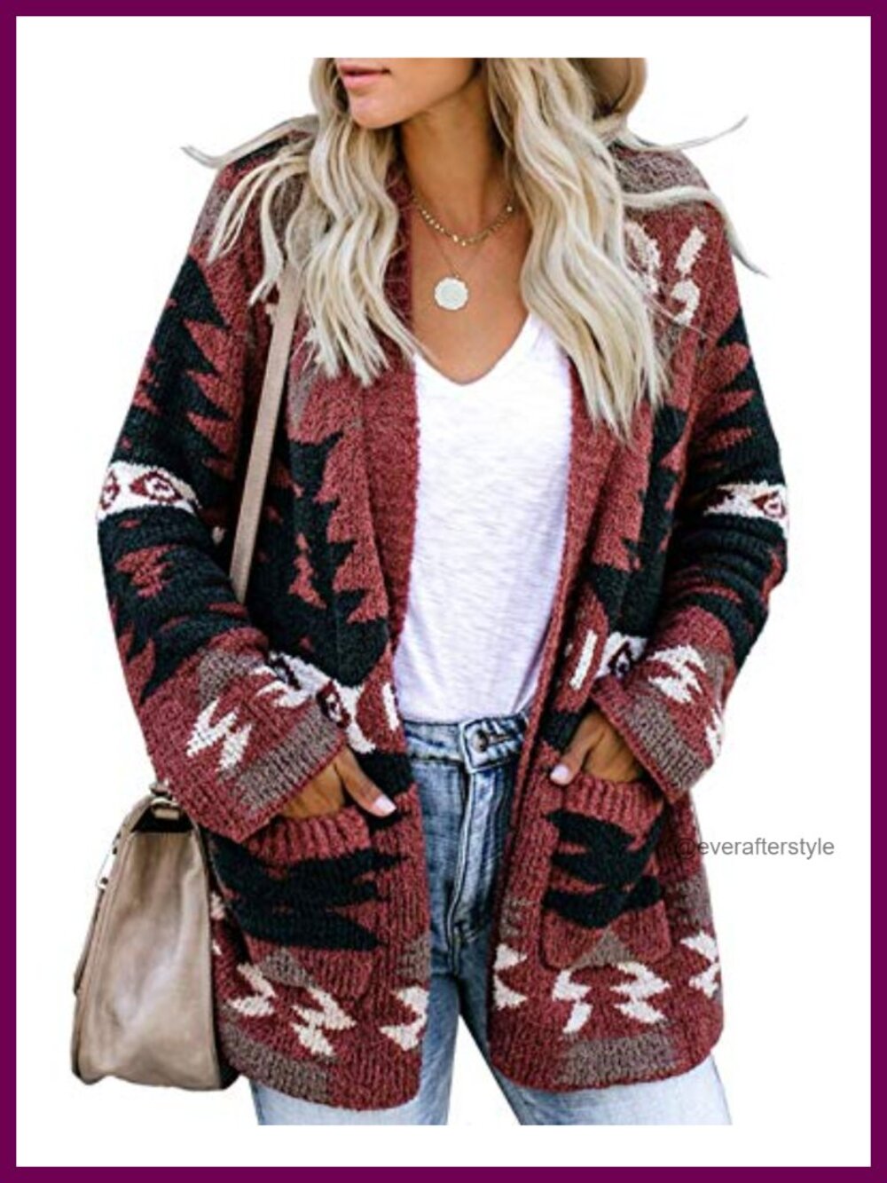 Women Boho Aztec Knit Open Front Cardigan Loose Slouchy Long Sleeve Sweater